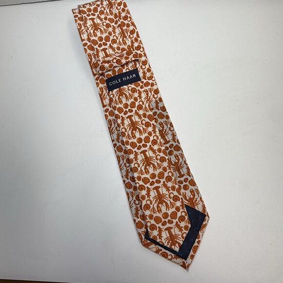 Cole Haan Lobster Clam Cotton Silk Blend Neck Tie In Burnt Orange & White New - Picture 3 of 7